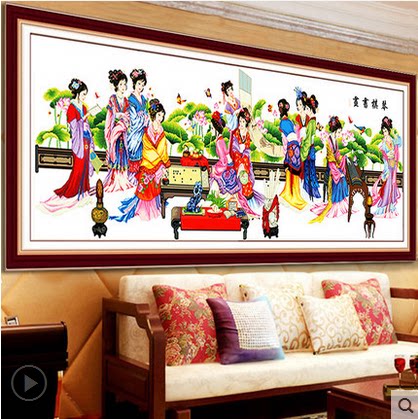 精准印花线绣十字绣琴棋书画十二金钗古代美女客厅大幅丝线刺绣画