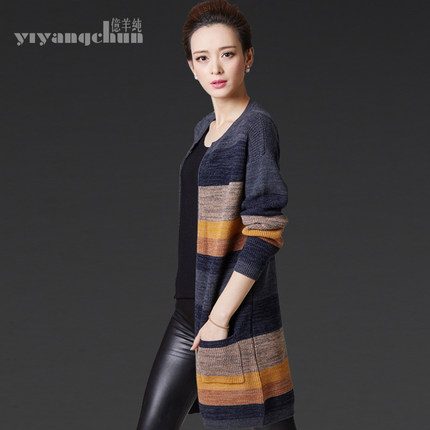 <em>亿羊纯</em>羊毛冬撞色宽松<em>中长款</em>外套<em>针织开衫</em>加厚