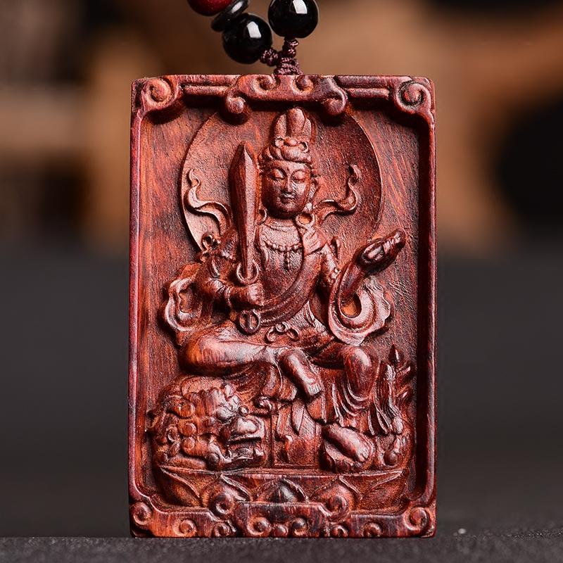 正品小叶紫檀木文殊菩萨吊坠生肖属兔本命佛守护神男女项链挂件