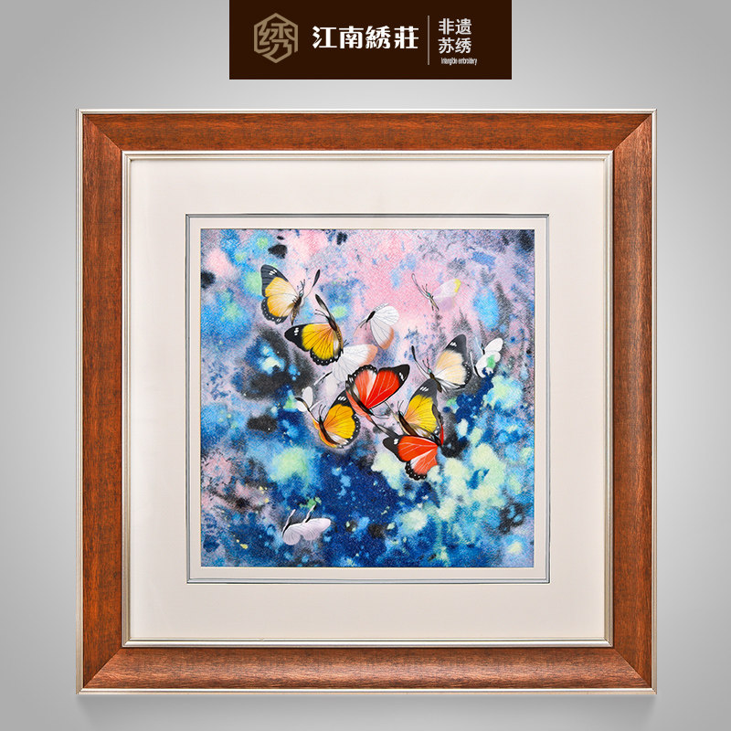 江南绣庄 客厅卧室装饰画蝴蝶美式现代油画重彩 三联组合手工精绣
