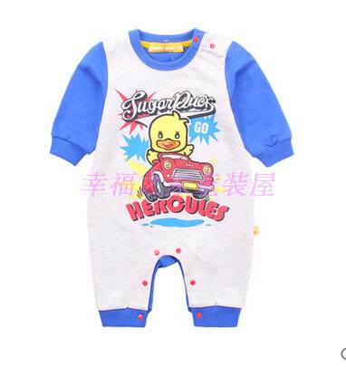 齐齐蛙春秋婴幼男童长袖哈衣甜心鸭子纯棉套头爬行服连体衣 0926