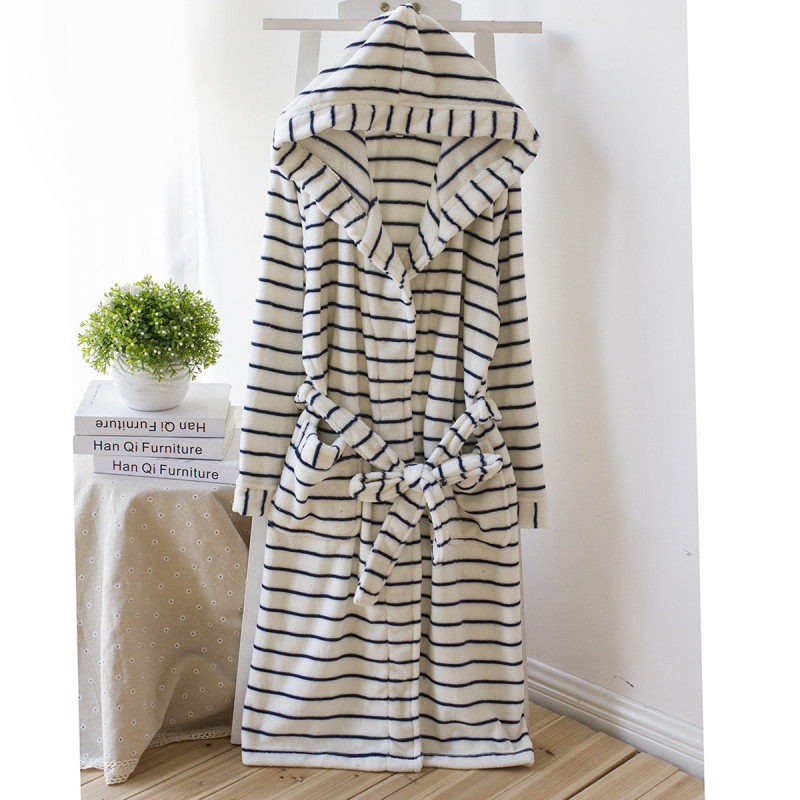 秋冬新款  大码条纹女装优雅珊瑚绒家居服浴袍睡袍