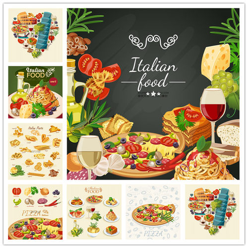 A2725矢量卡通手绘意大利美食文化意面番茄美酒面包 AI设计素材