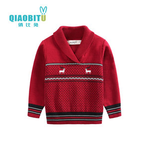 俏比兔婴儿毛衣 男童针织衫女宝宝青果领英伦风圣诞纯棉毛线上衣