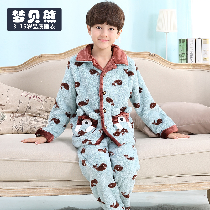 儿童睡衣男童秋冬季法兰绒珊瑚绒加厚款小孩中大童宝宝家居服套装