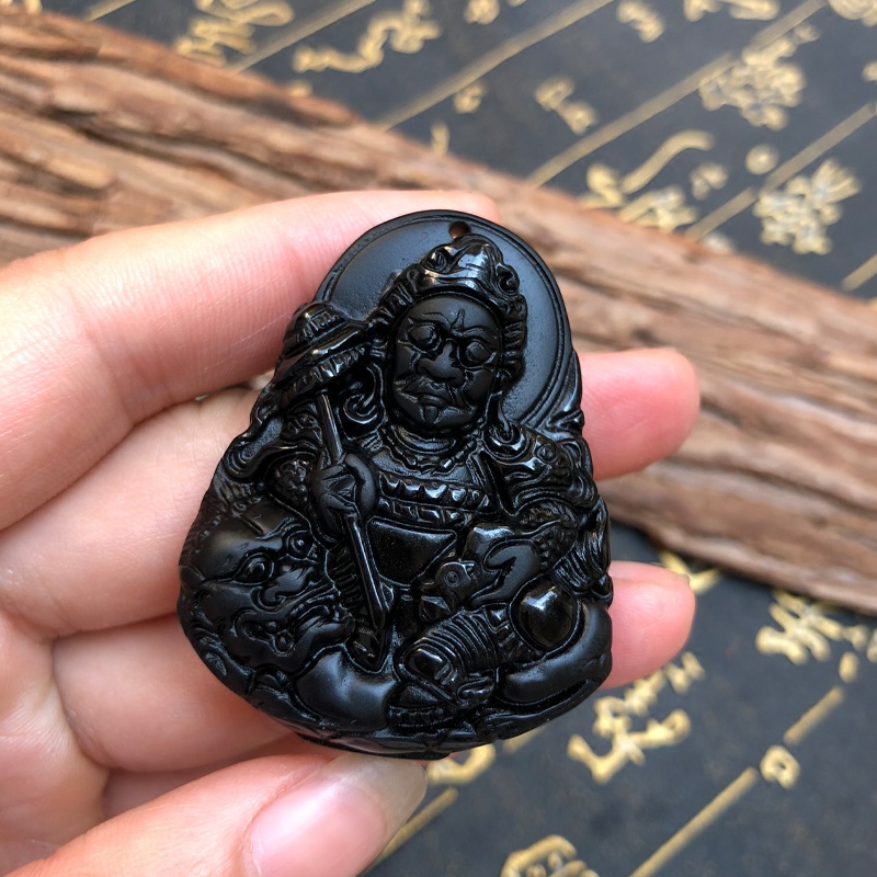 天然黑曜石大黑财神吊坠转运护身男女款玉黄财神项链送证书