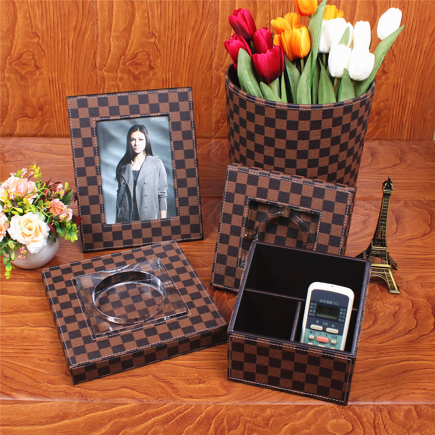 皮革遥控器收纳盒 时尚创意纸巾盒纸篓垃圾桶相框烟灰缸烟缸套件