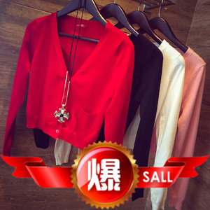 春装新款针织衫女开衫夏季薄短款长袖小外套韩版V领修身毛衣外搭