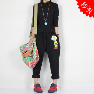 驿野大码女装加绒裤超特价个性卡通印花显瘦抓毛棉裤小脚裤哈伦裤