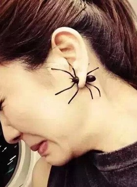 cos搞怪个性朋克黑色蜘蛛耳钉前后带耳环男女情侣款时尚潮款包邮