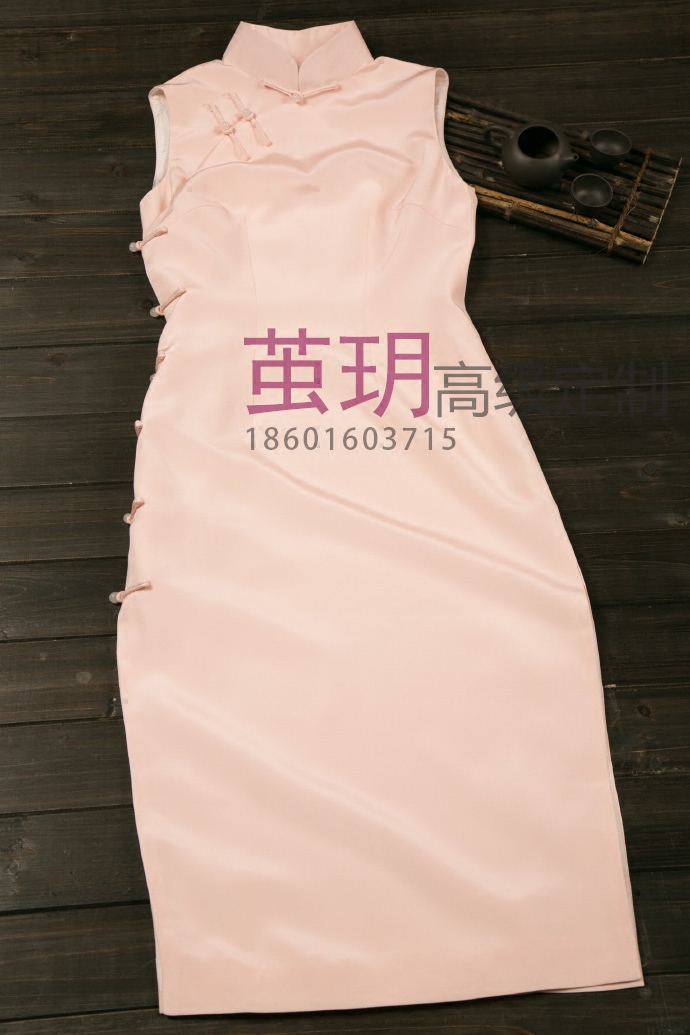茧玥手工老上海粉色无袖短款旗袍