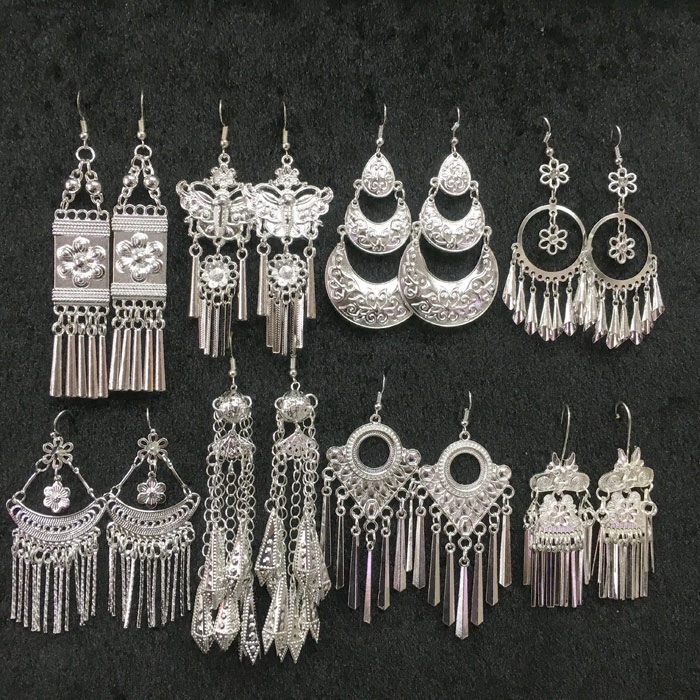 耳环民族风女网红苗族苗银耳坠长流苏耳饰长款复古汉服饰品大耳钉