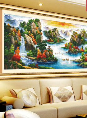 山水风景大画千里江山十字绣3米大幅客厅印花刺绣图满绣丝线szx