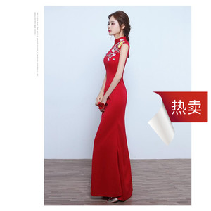 新娘敬酒服2016新品秋中式旗袍长款立领鱼尾修身显瘦晚礼服连衣裙