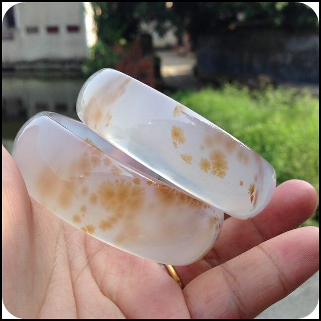 店家收藏纯天然黄金灵性水草白底玛瑙手镯水润通透招财对镯
