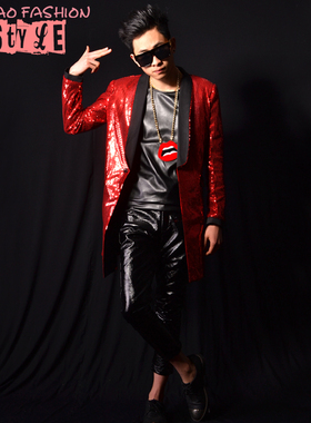 [独家]夜店男歌手DSDJ权志龙GD红亮片中长西装酒吧演出服配饰