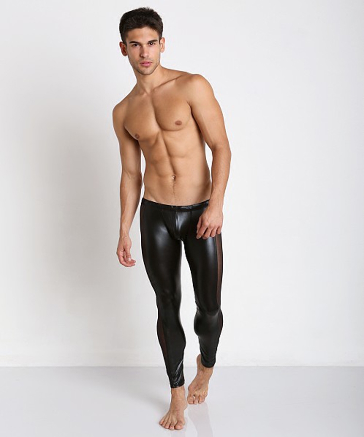 定制男士性感网眼仿皮紧身长裤低腰纯色亮面时尚打底保暖青年内衣