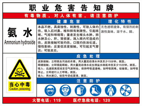 氨水 职业病危害告知卡 小心注意化学品标志牌 警示标识订定制做
