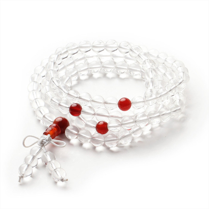 天然白水晶108颗佛珠手链 108粒白水晶配红玛瑙隔珠多圈手链