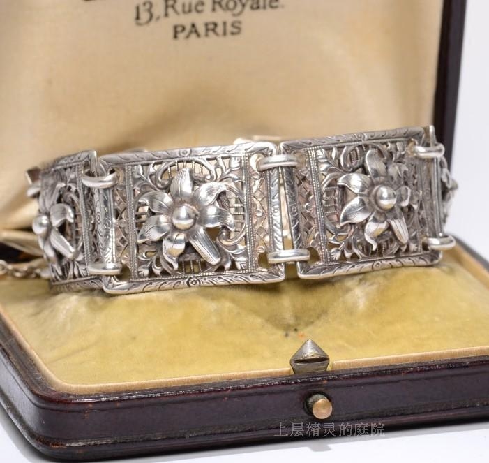SOLD 庭院西洋古董VTG首饰STERLING 925纯银镂空百合花手排式手链