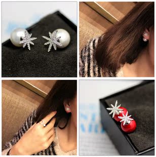 韩国时尚 微镶满钻星星前后珍珠耳钉女气质925银针耳坠耳饰OL百搭