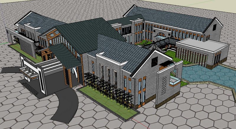 徽派中式会所SU建筑模型接待中心草图大师sketchup园林景观环艺库