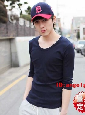韩版男士黑色修身圆领七分袖T恤纯色中袖t恤衫 四季修身7分打底衣