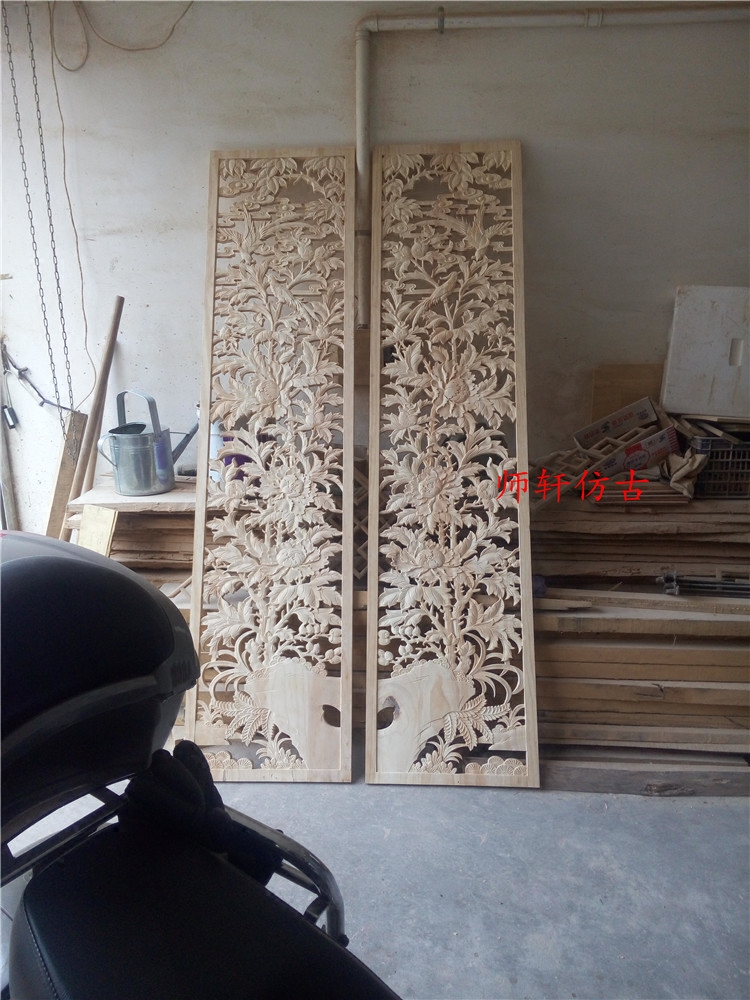 东阳木雕中式装修实木牡丹鸟镂空雕花花板背景墙仿古屏风可定制