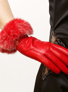 elma 真皮手套女士冬季保暖红色兔毛口绒里羊皮手套 EL002PC