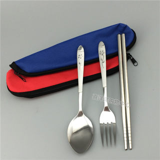 四叶草勺子筷子叉子餐具套装 不锈钢便携三件套 帆布袋餐具套装