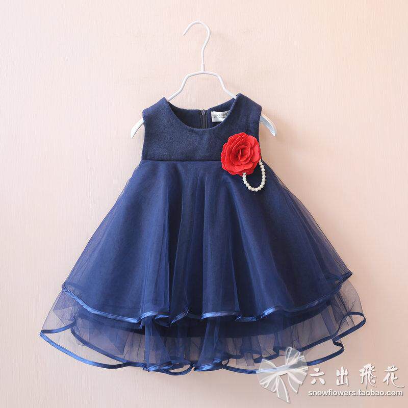 女童花朵胸针拼接背心公主连衣裙