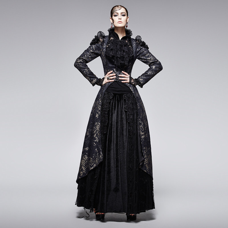 ╋魔叹╋ PUNK RAVE 华丽哥特GOTHIC黑金印花露胸拖尾长外套 Y567