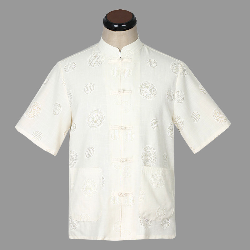 2019新款中老年男装棉麻衬衣爸爸夏装爷爷装立领唐装短袖衬衫2670