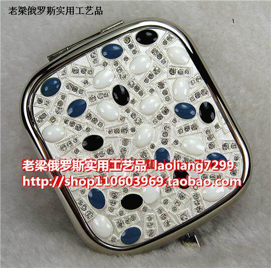Z1俄罗斯双面折叠金属化妆镜银白色长方形素彩珐琅釉珠精致美钻