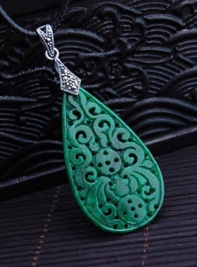 S925纯银复古镶嵌铁龙生雕花纹福在眼前水滴款百搭女士锁骨吊挂坠