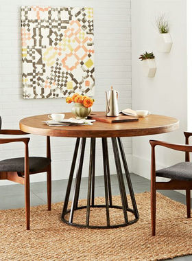 北欧实木大圆桌欧式圆形餐桌loft工业复古做旧铁艺饭桌咖啡桌茶几