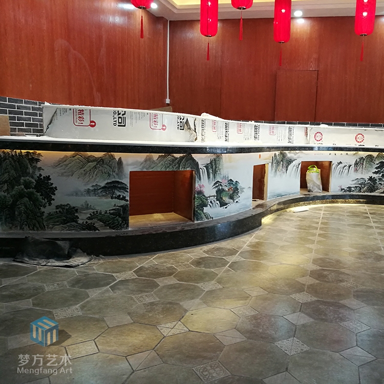 餐厅壁画彩绘 中式餐厅山水国画现场手绘 酒店背景墙壁画彩绘定制