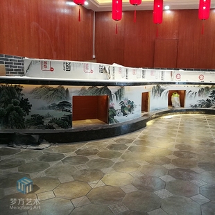 餐厅壁画彩绘 餐厅山水国画现场手绘 酒店背景墙壁画彩绘定制 中式