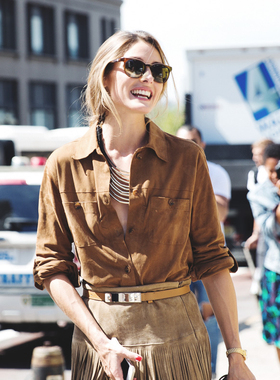 欧美明星街拍同款反面绒皮长袖鹿皮绒真羊皮宽松外套女衬衫