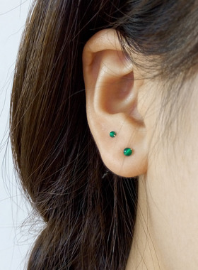 手工极小2/3mm足银999纯银绿玛瑙迷你耳钉绿色小耳骨钉养耳防过敏