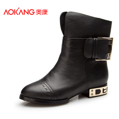 Aokang shoes fall/winter new style metal belt buckle low heels boots leather UK Martin power flow in tube girl boots