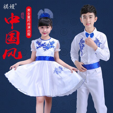 新款六一儿童青花瓷合唱服演出服服男女童古筝表演幼儿园舞蹈比赛