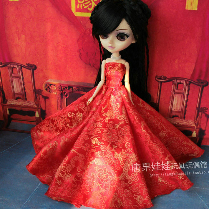 唐果娃娃大红龙凤呈祥绸缎高档婚纱 中国风娃衣婚纱 3分黑长假发