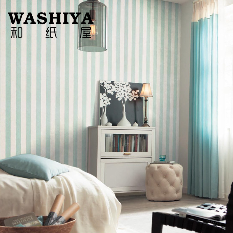 【和纸屋】现代简约蓝绿色竖条纹卧室 进口日本墙纸壁纸 按米卖