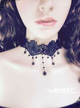 2026蕾丝颈链 项链 黑色水晶女配饰品 晚会影视欧美风配饰