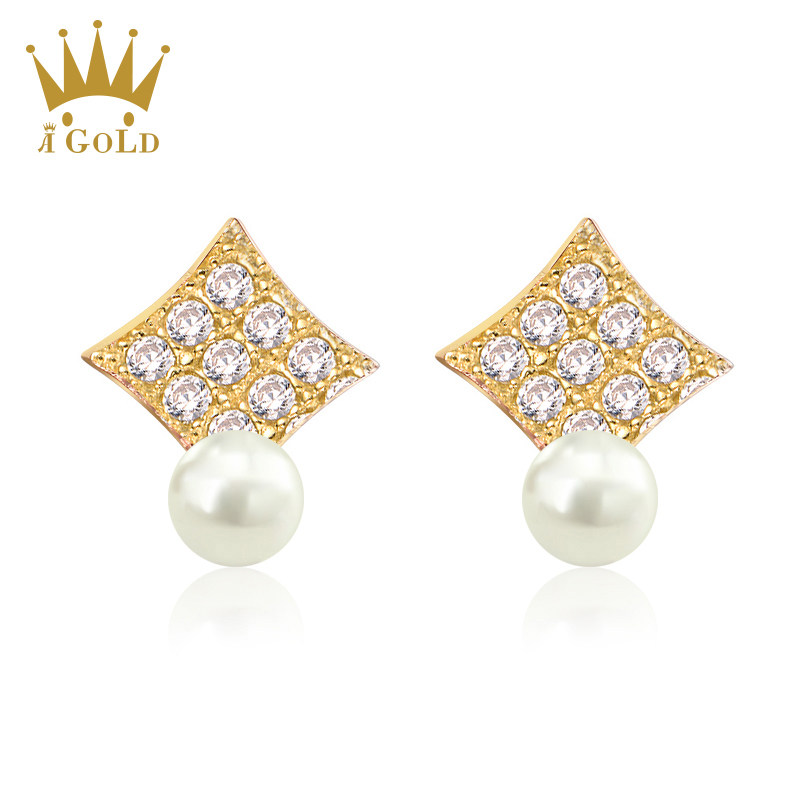 aigold/agold 玹金14k 金耳钉 菱形仿珍珠耳钉 气质  流行款式