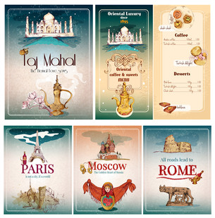 A2418矢量卡通复古旅游海报模板罗马莫斯科巴黎泰姬陵 AI设计素材