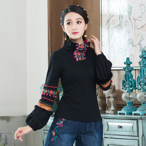 原创中国风复古高领绣花长袖t恤
