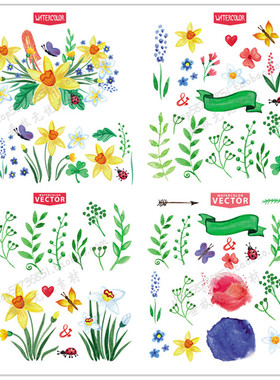 A2040矢量卡通水彩花朵蝴蝶树叶甲虫横幅 AI设计素材