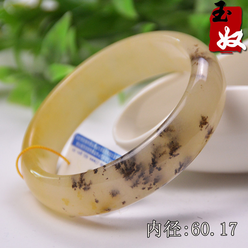 玉奴/新疆天然金丝玉手镯/黄白色宝石光戈壁玉草花玉手镯子/60